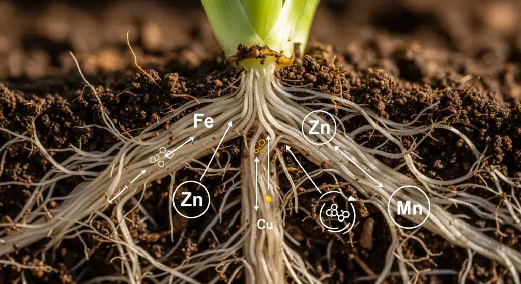 Chelated mineral nutrients dissolving in water for plant absorption